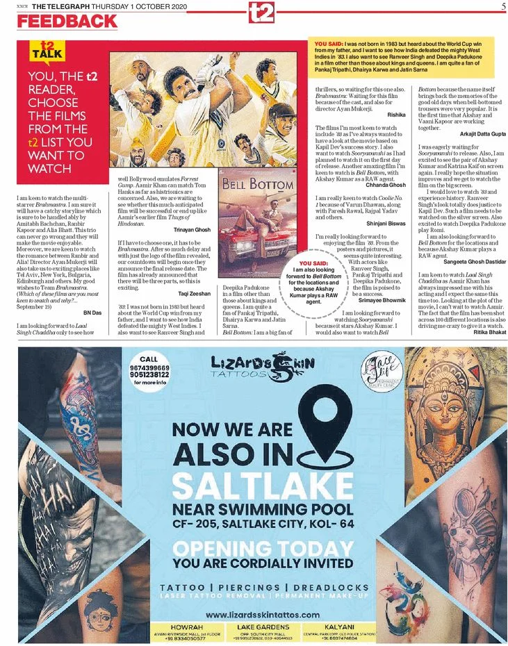 Lizard's Skin Tattoos Display Advertisement on The Telegraph T2 about their new outlet at Saltlake beside swimming pool.