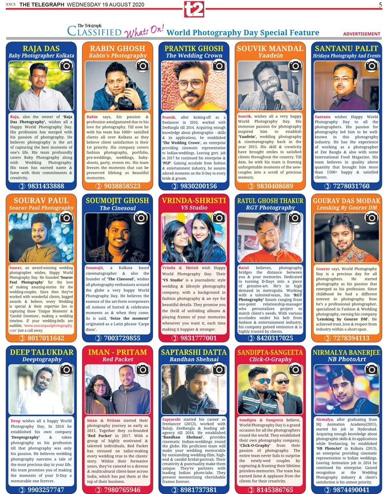 World Photography Day Special Feature 2020 on the Telegraph T2 Classified Whatson Section