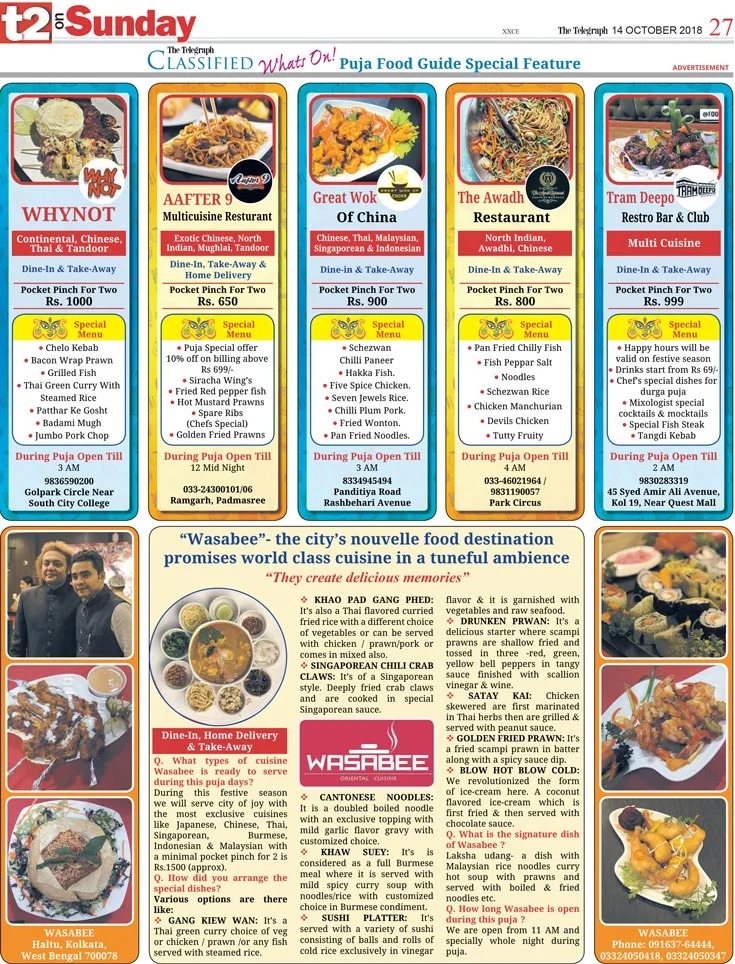 Whats On Classified Puja Food Guide Special Feature on The Telegraph T2.
